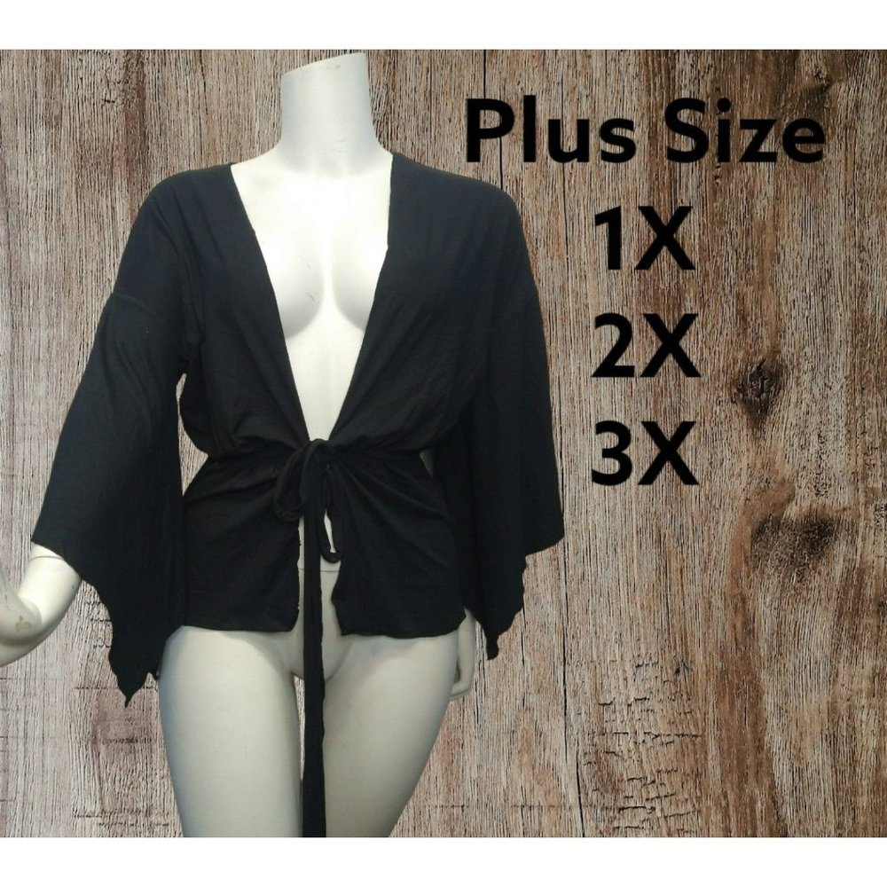 Black Open Cardigan Duster, Cover-up Size 1X-2X-3X front tie Bolero flare